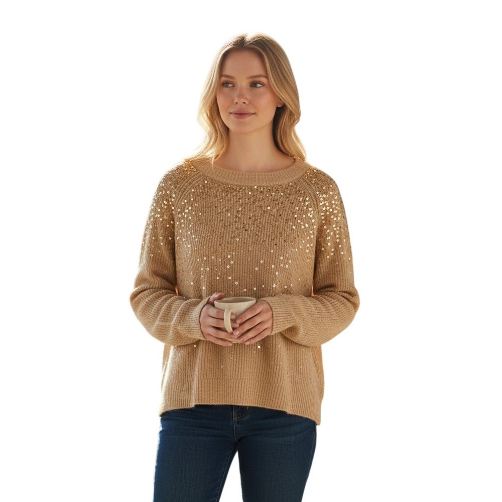 Vince Camuto Womens Sequin Raglan Sleeve Knit Sweater Camel Tan Gold 91623202